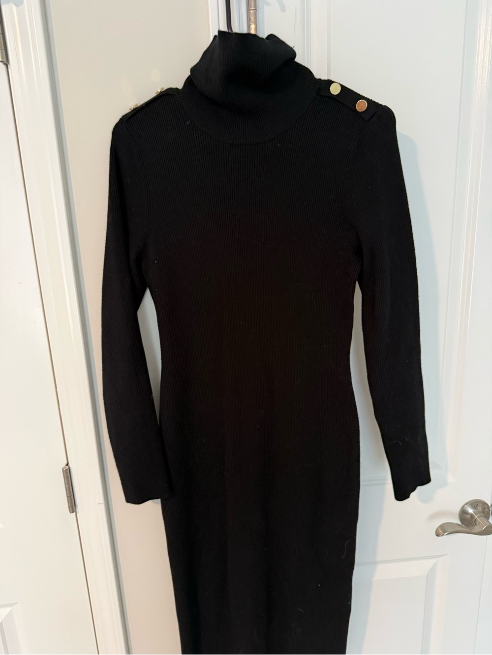 Express Black Ribbed Turtleneck Midi Dress with Gold Shoulder Buttons